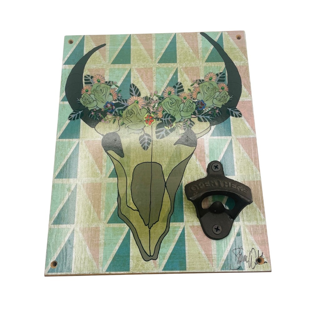 Shanni Welsh Western Skull Wall Art Bottle Opener Wood Decor Boho Kitchen Native